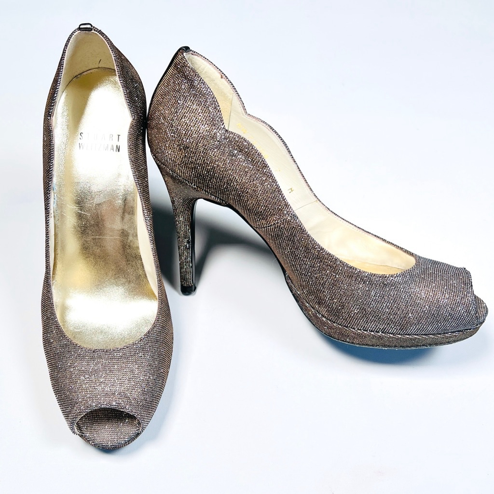 Stuart Weitzman Heels Gold Glitter Peep Toe Heels Size 7
